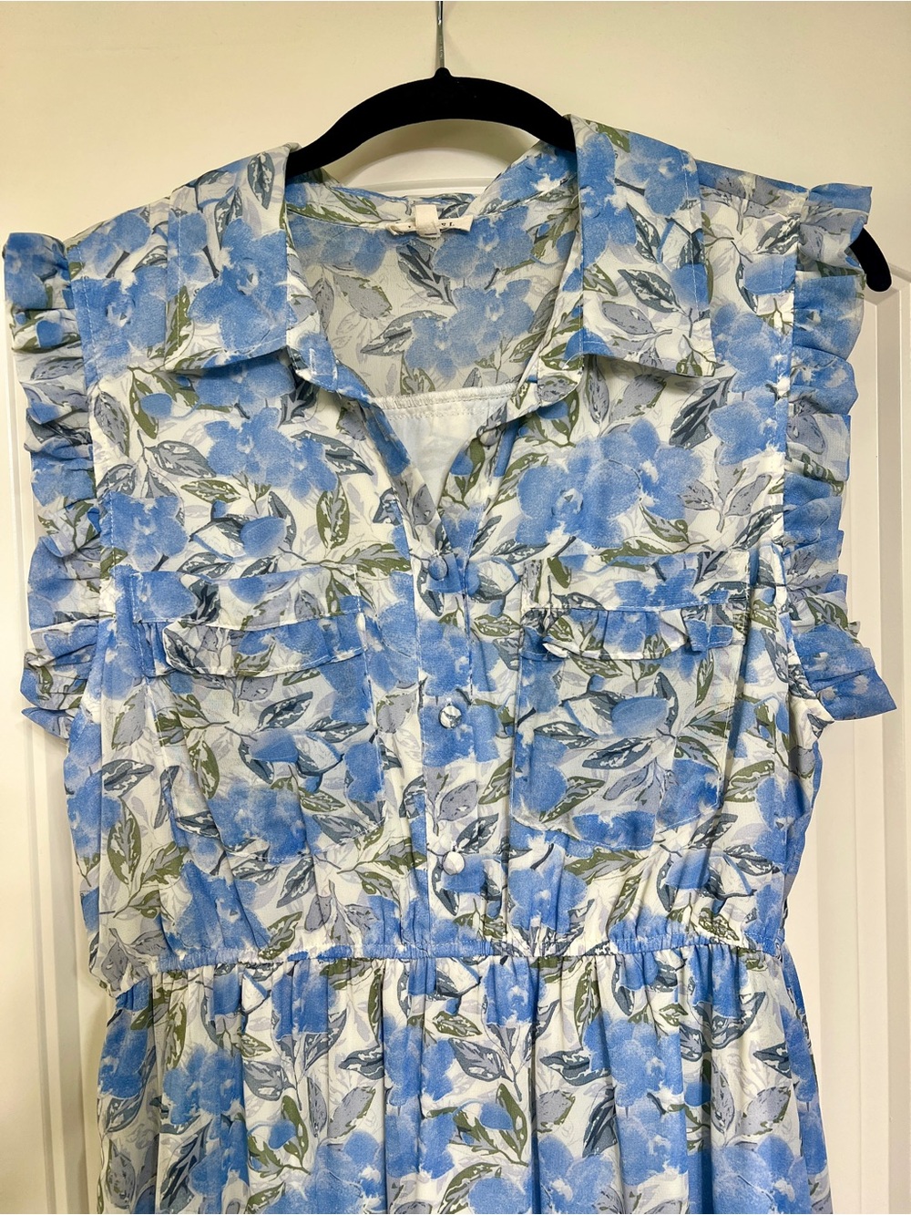 Sleeveless Blue Floral Ruffle Maxi Dress Medium